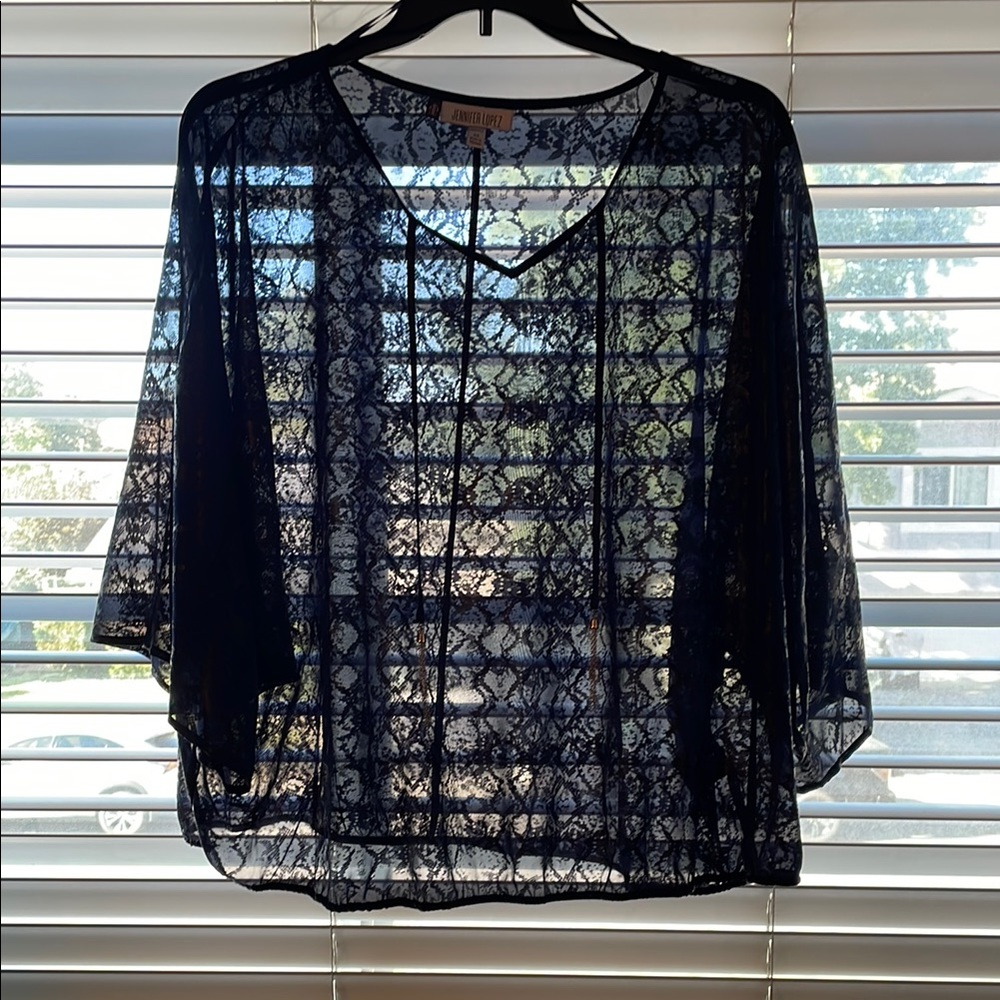 Jennifer Lopez Navy Sheer iridescent, leopard print, gold medal tassels Top